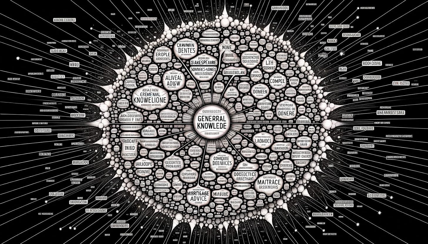 Wide illustration showing a diffuse, intricate web of ideas representing AI's knowledge space. The web is vast and detailed, with areas more densely woven for common knowledge and thinner, more intricate sections for specialized areas like 'Shakespearean Sonnets', 'Mortgage Advice', 'Mathematics'. In the center, the web is most tightly knit, labeled as 'General Knowledge'. Around the edges, users provide context, represented as beams of light or directional arrows, guiding the AI towards these unique, finer strands of the web, demonstrating the shift from general to specific, nuanced answers.