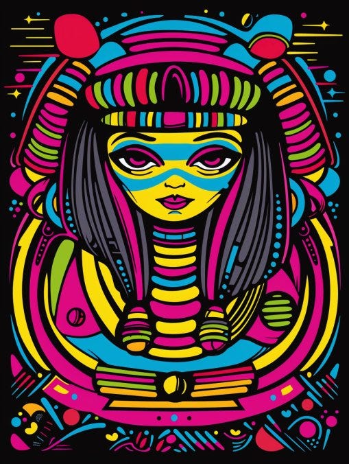 Cute and colorful vector illustration of Cleopatra | in the style of bright colors on black background | simple shapes, bold lines, no shading or gradients, suitable for screen printing | The design should be filled with vibrant hues that contrast against a dark backdrop to create an eyecatching effect | It must have clear outlines without any intricate details or shadows | silkscreening stamp gouache --s 50 --ar 3:4 --v 6.0 --sref <first_image>