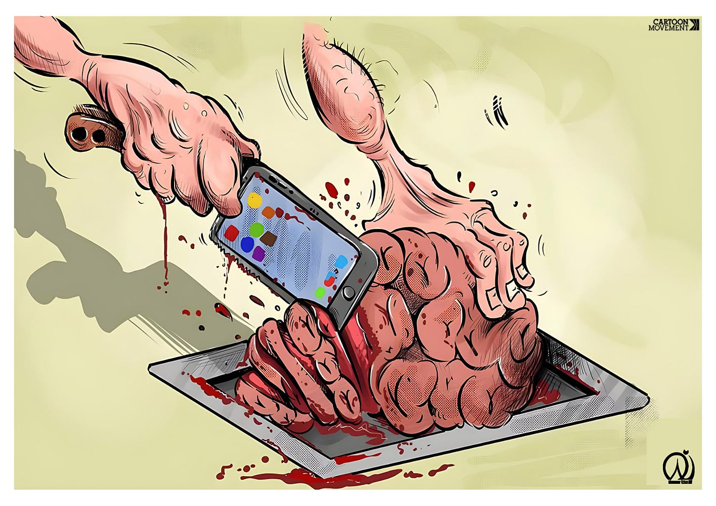 Cartoon showing a smartphone with a butcher's knife handle, being used by to cut a brain into slices as if it were a piece of meat.