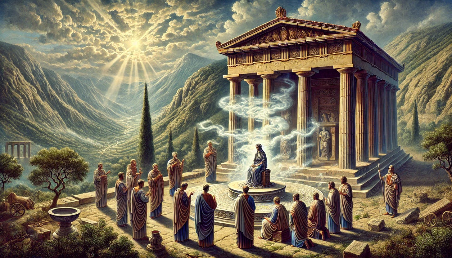 A detailed landscape scene in ancient Greece showing priests consulting an oracle at the Oracle of Delphi. The priests, dressed in traditional Greek robes, stand solemnly around a central temple surrounded by mountainous terrain. In the middle, a priestess sits on a raised platform, inhaling vapors as she enters a trance. The temple, adorned with classical Greek columns, overlooks a panoramic view of hills and valleys. The sky is partly cloudy, with beams of sunlight breaking through to illuminate the scene, creating an ethereal, mystical atmosphere. Trees and ancient ruins are scattered around, adding to the historic ambiance.