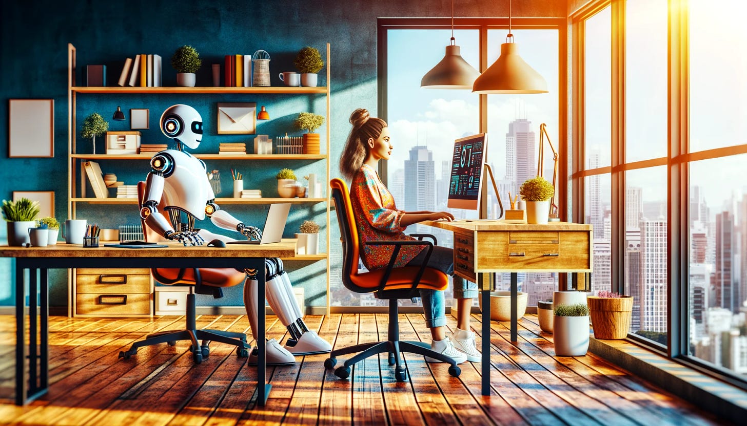 A imagem mostra um cenário futurista de um escritório com uma vista panorâmica da cidade. À esquerda, um robô com traços humanóides está sentado em uma cadeira de escritório, digitando em um laptop. O robô parece estar concentrado no trabalho, com os "olhos" voltados para a tela do computador. À direita, uma mulher está sentada diante de uma ampla mesa de trabalho, usando um computador com várias telas que exibem gráficos e dados. Ela tem uma postura relaxada e atenta, sugerindo que está absorta em suas tarefas. Entre eles, uma estante repleta de livros, plantas e outros objetos decorativos adiciona um toque de vivacidade e cor ao ambiente. A iluminação natural entra pela janela, destacando a harmonia entre tecnologia e design de interiores. A cena representa uma colaboração harmoniosa entre humano e máquina, em um espaço de trabalho otimizado para produtividade e conforto.