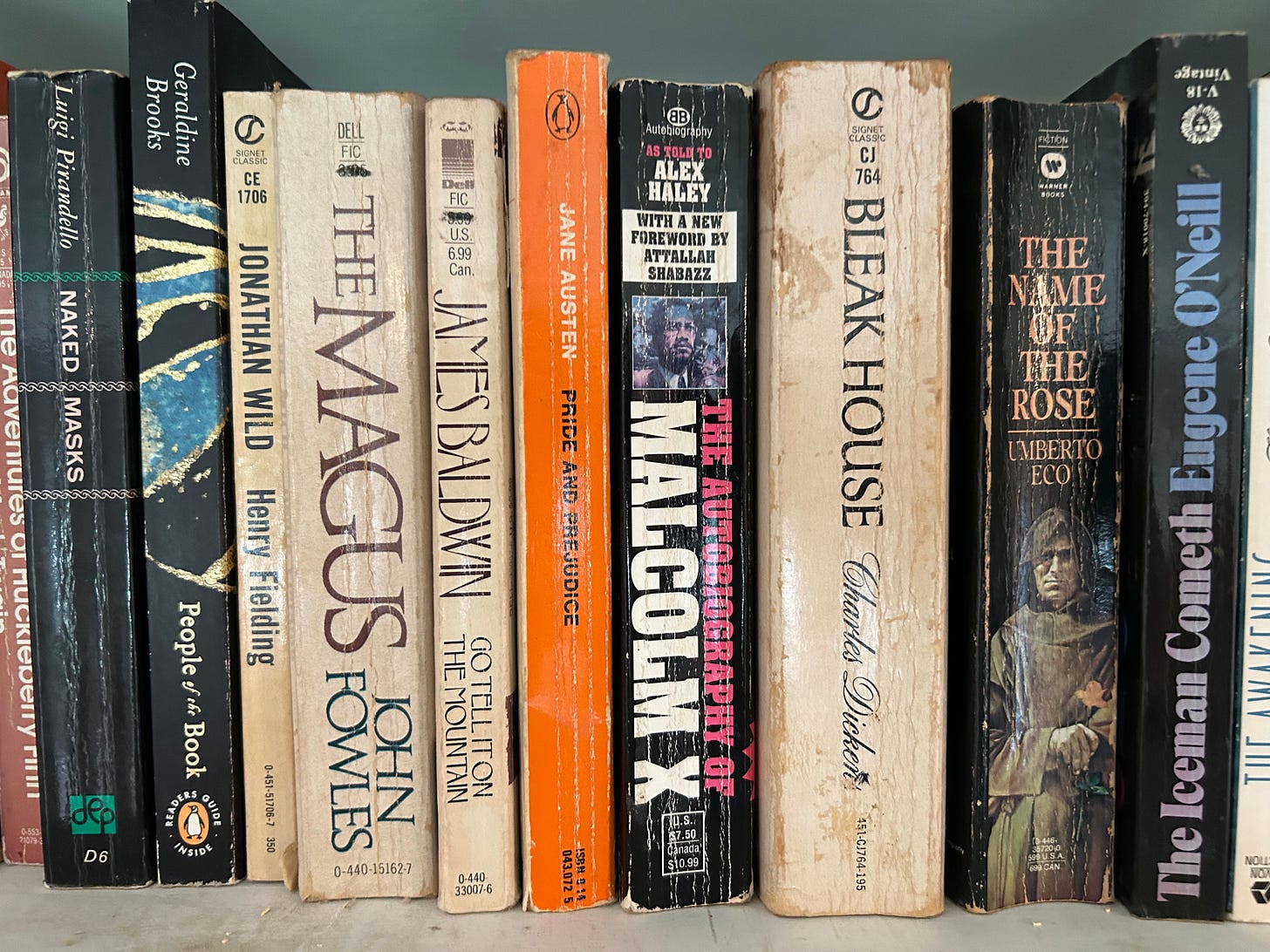 Approximately ten copies of well-worn paperback books on a book shelf, in the middle of which is The Autobiography of Malcolm X, flanked by Bleak House by Charles Dickens and Pride and Prejudice by Jane Austen. 