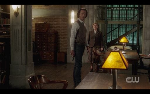 Sam Winchester with Mrs Butters in office.