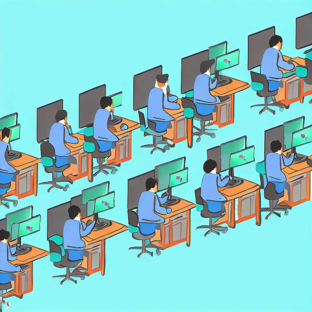 a picture of people working at  computers in a vertical line