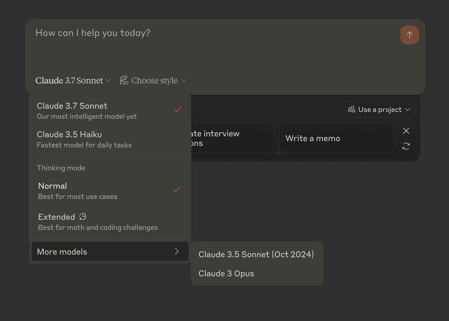A screenshot of Anthropic's Claude AI interface shows a dropdown menu for selecting models and thinking modes. The selected model is "Claude 3.7 Sonnet," labeled as "Our most intelligent model yet." Other available models include "Claude 3.5 Haiku" (fastest for daily tasks), "Claude 3.5 Sonnet (Oct 2024)," and "Claude 3 Opus." Thinking modes shown are "Normal" (best for most use cases) and "Extended 🕰️" (best for math and coding challenges). The user has selected both Claude 3.7 Sonnet and Normal mode. There’s also an option to "Choose style" and to "Use a project."
