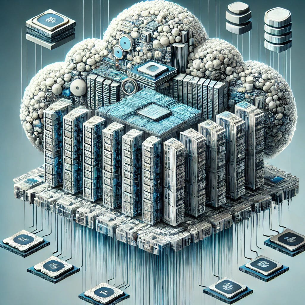 A conceptual illustration depicting cloud providers abstracting hardware details to provide standardized environments. The image shows a towering cloud with intricate layers of abstraction represented by floating, semi-transparent layers containing icons of hardware components (CPUs, GPUs, memory chips) hidden beneath. Above these layers, uniform virtualized environments and application symbols (e.g., containers, VMs) are neatly arranged, representing standardization. The hardware components appear obscured or blurred compared to the sharp, standardized upper layers. The color scheme uses cool blues, whites, and silvers to convey a sense of cloud technology and abstraction.