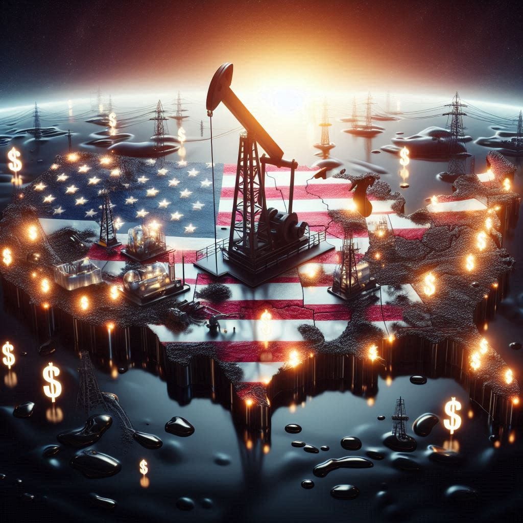 Photorealistic image of the United States map made entirely of oil. The map is shiny and black, with major cities represented by glowing points of light. An oil rig silhouette stands prominently in the center of the country. The background shows a dawn sky, symbolizing energy and new beginnings. American flag colors reflect in the oil's surface. Dollar signs float above the map, indicating economic importance.