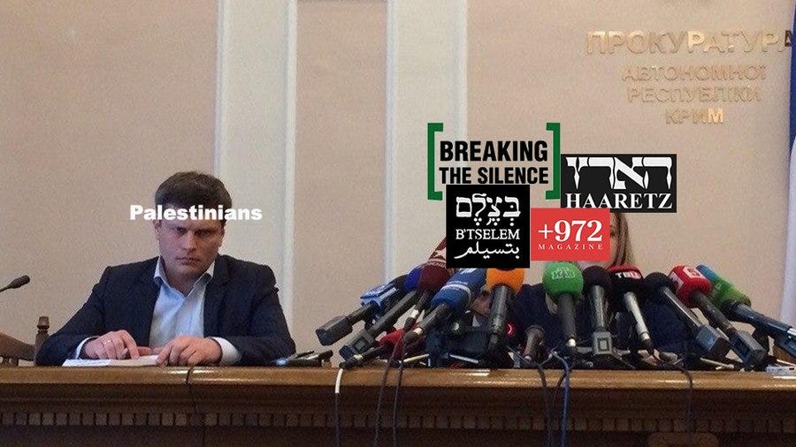a man looking angry captioned palestinians and a women with 15 or so mics captioned haaretz, b'tselem, breaking the silence and +972magazine in a conference