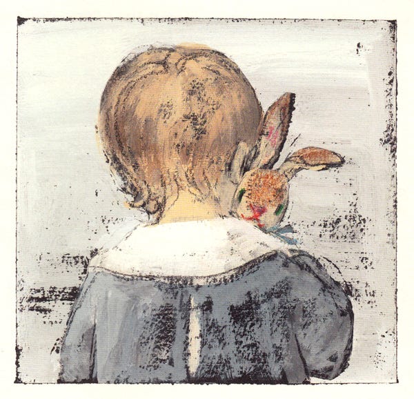 An illustration of the Velveteen Rabbit being embraced by a toddler, who is seen from behind.