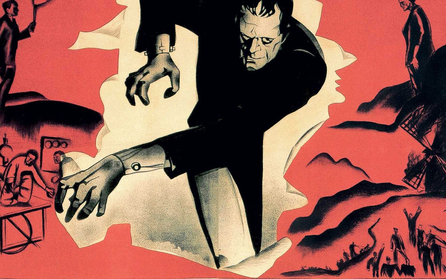 An illustration of Frankenstein's monster ripping through the page