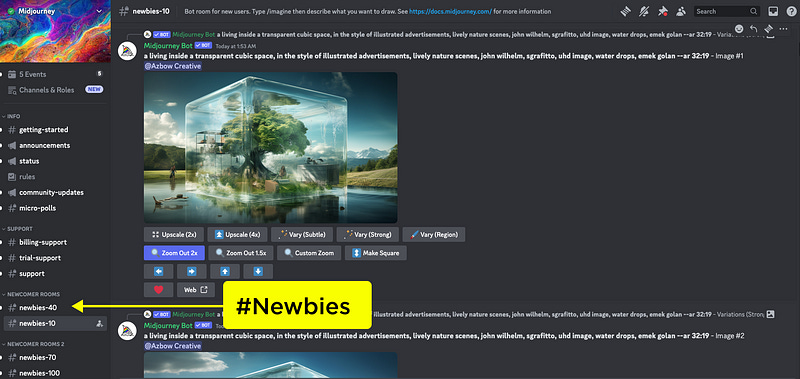 Screenshot of the Discord server of Midjourney and the location of the newbies channel