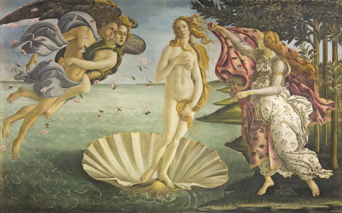 This is Botticelli's "The Birth of Venus", depicting a naked young woman with long red-blonde hair. A fuller description can be found in the link to the painting in the caption.