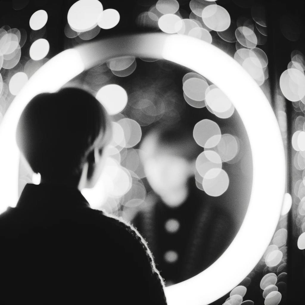 An abstract, simple image of a girl looking into a mirror, captured with a 35mm black and white aesthetic, featuring bokeh effects to create a soft, unfocused background. The composition focuses on the reflection and the contemplative mood, emphasizing the simplicity and depth of the moment.