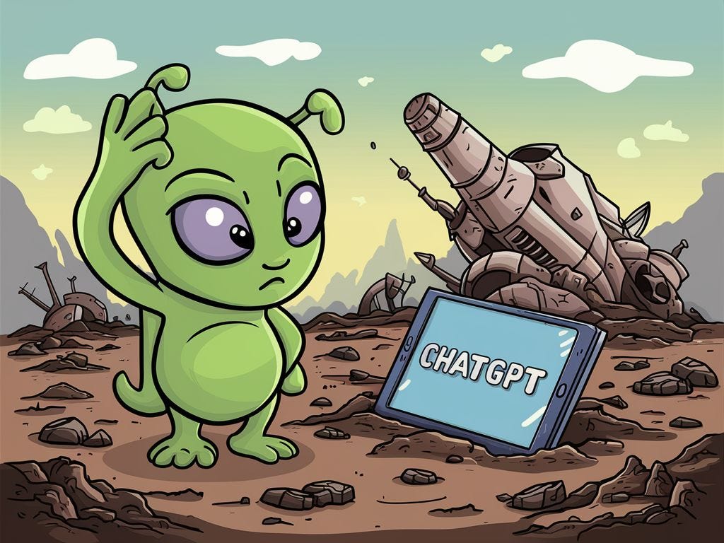 Cartoon of an alien looking at a tablet on the ground with ChatGPT on the screen. Image generated using Ideogram