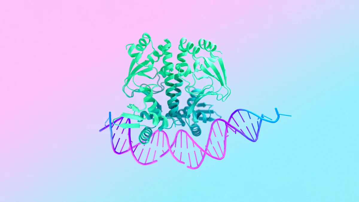 Colorful protein structure against an abstract gradient background.