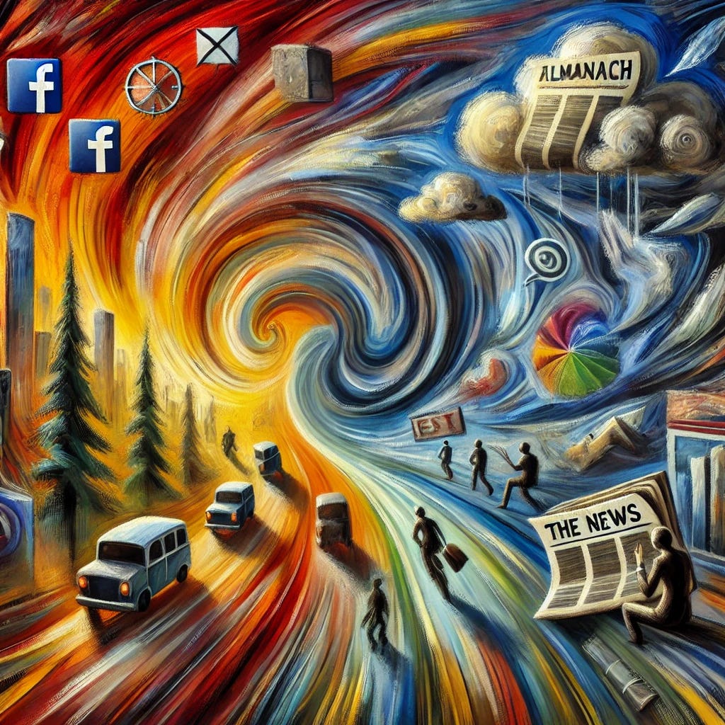 A dramatic, abstract scene with swirling, bold brushstrokes and bright, contrasting colors. The background transitions from calm, serene tones symbolizing yearly almanachs to chaotic, intense colors representing the constant stream of news on social media. Symbolic figures and media elements like newspapers, magazines, and social media icons are depicted in movement, showing the shift in news consumption over time. The scene captures a psychological depth and a hint of melancholy, resembling an oil painting inspired by the expressionist movement.