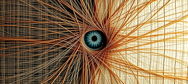 A tapestry-like image showing three distinct threads—one luminous and clear (sensor), one shifting in color and texture (filter), and one rigid but intricate, framing the weave (frame). The threads converge and intertwine in the center, creating an abstract representation of a face or eye, symbolizing perception and identity. The background fades into soft gradients to suggest infinite possibilities.