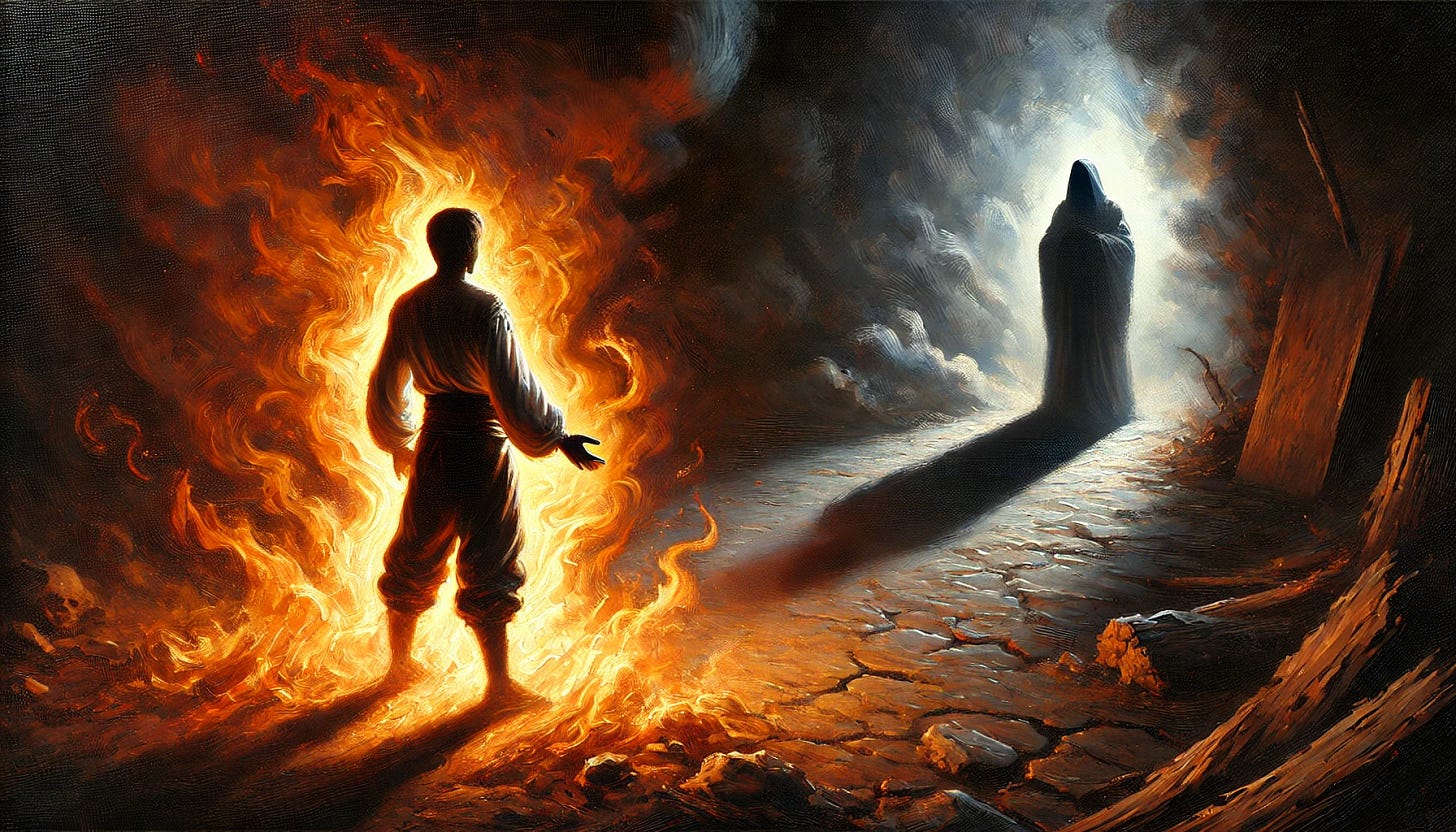 A figure standing defiantly, facing the shadowy figure of fear, flames rising at their feet, casting a stronger glow. The darkness retreats slightly as the fire grows. The background shows more details of the environment, with cracks in the ground. The lighting is more intense, with dynamic shadows and highlights. Created Using: oil painting techniques, fiery palette, chiaroscuro contrasts, focused details on fire, baroque style, bold brushstrokes, dramatic composition, Renaissance-style clothing, early night lighting.