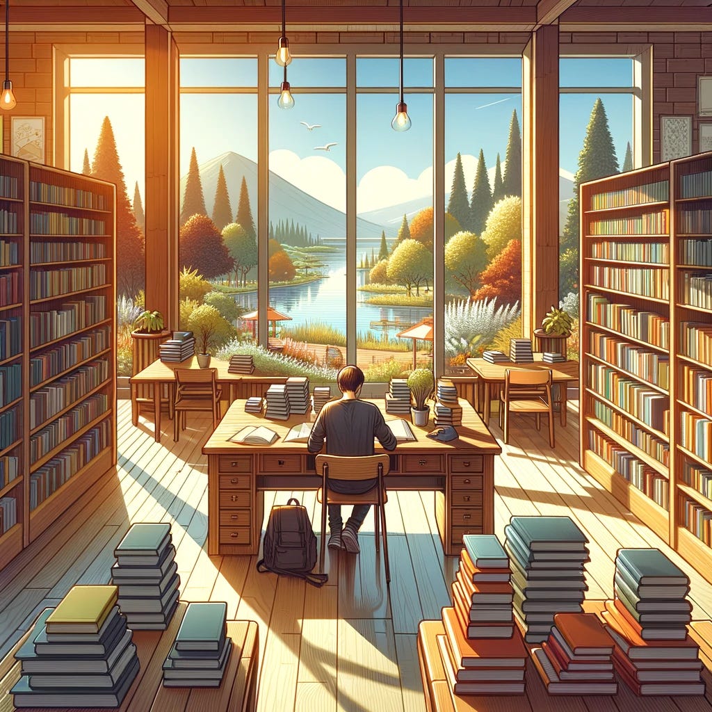 An illustration of a person working in a library. The library is cozy and well-lit, filled with shelves of books. The person is sitting at a wooden desk, surrounded by stacks of books, focused on reading or writing. Large windows are present in the background, showing a view of a beautiful, serene landscape outside. The world outside the windows is picturesque, featuring a clear blue sky, lush greenery, and perhaps a distant mountain or lake. The interior is warmly lit, creating a contrast with the bright and vibrant colors of the natural scene outside.