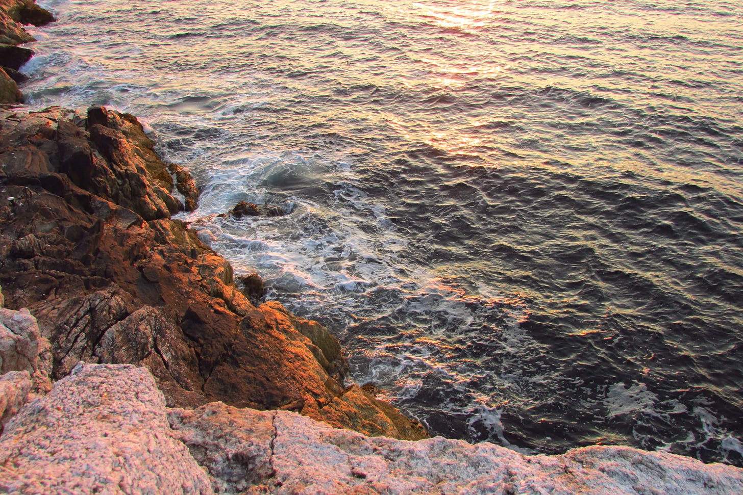 Ocean water and granite rocks lit by peachy warm morning light.