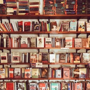 assorted title books on brown wooden shelf