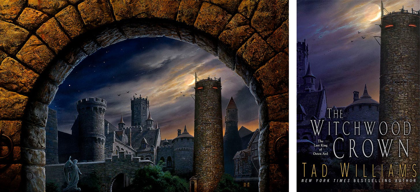 LEFT (painting description): Constrained view of a castle courtyard as seen at night through a stone archway lit from behind the viewer. On the right, the Tower of Hjeldin rises with wide narrow, barred slits at the top glowing red. The statue of an angel stands on the left with one arm raised. Tall bushes obscure the entrance through an inner wall leading to the keep. Above is a mix of starry dark sky and layers of clouds illuminated by a glowing crescent moon. RIGHT: Book cover for THE WITCHWOOD CROWN by Tad Wiliams, published by DAW Books