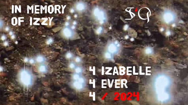 graphic with a blurred digitized and zoomed in photograph background of a forest floor scattered with fallen leaves, small rocks, and wood chips. There’s scattered, small glowing light orbs across the ground. Toward the top left corner are 3 rows of text that each begin with a bright yellow number 4, followed by all caps white stamp-style font. The text reads : 4 IZABELLE [new line] 4 EVER [new line] 4 / 2024 [end text]. In the bottom center is text in the same white font style that reads : IN MEMORY OF IZZY [end text]. In the bottom right corner of the square graphic overlaid on the background is the SiQ logo, with the capital gothic letters S and Q in white, and the blood drop shaped lowercase letter i in bright red.