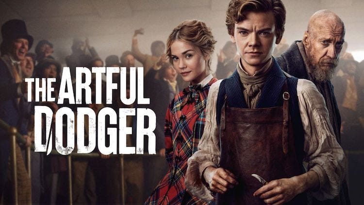 A promotional image for the Artful Dodger on Disney+ which features the three main leads and the caption is the title of the show