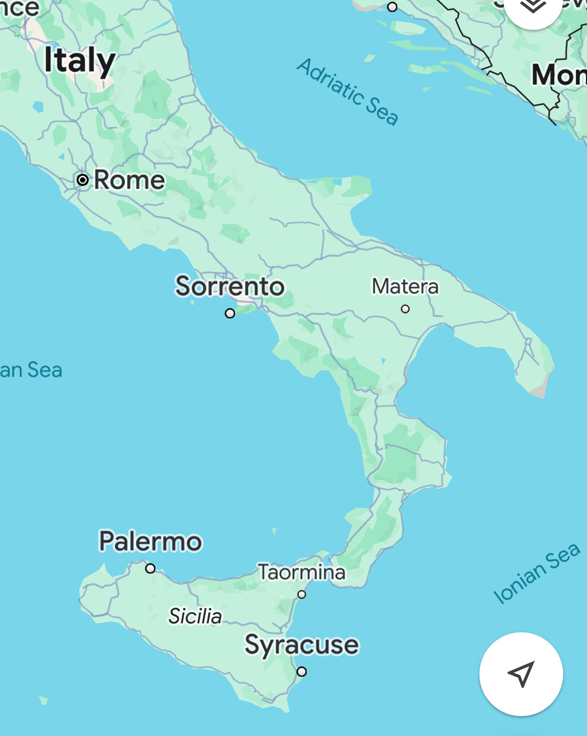 Image shows a map of Italy with Syracuse, Sicily marked.