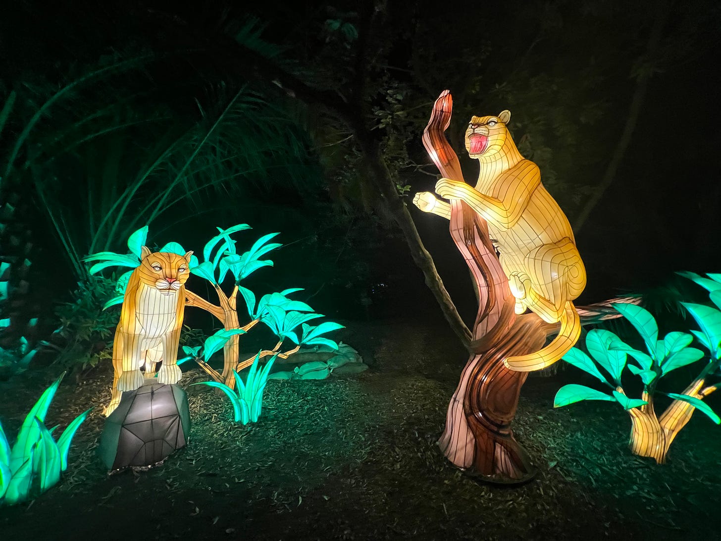 two light up tigers, one climbing a lit up tree stump