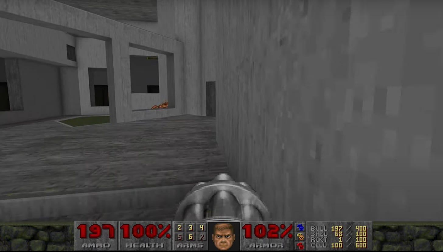 a screenshot of MyHouse.wad, with the Doom II UI, depicting a brutalist concrete spaces, with several overlapping windows and off-kilter angles