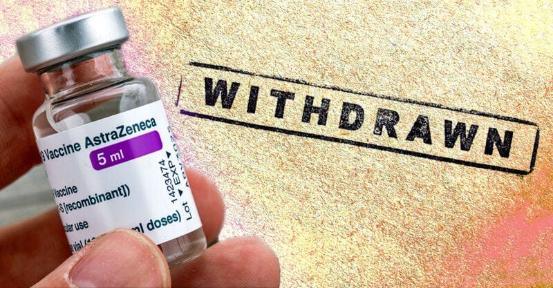 astrazeneca covid vaccine bottle and word "withdrawn"