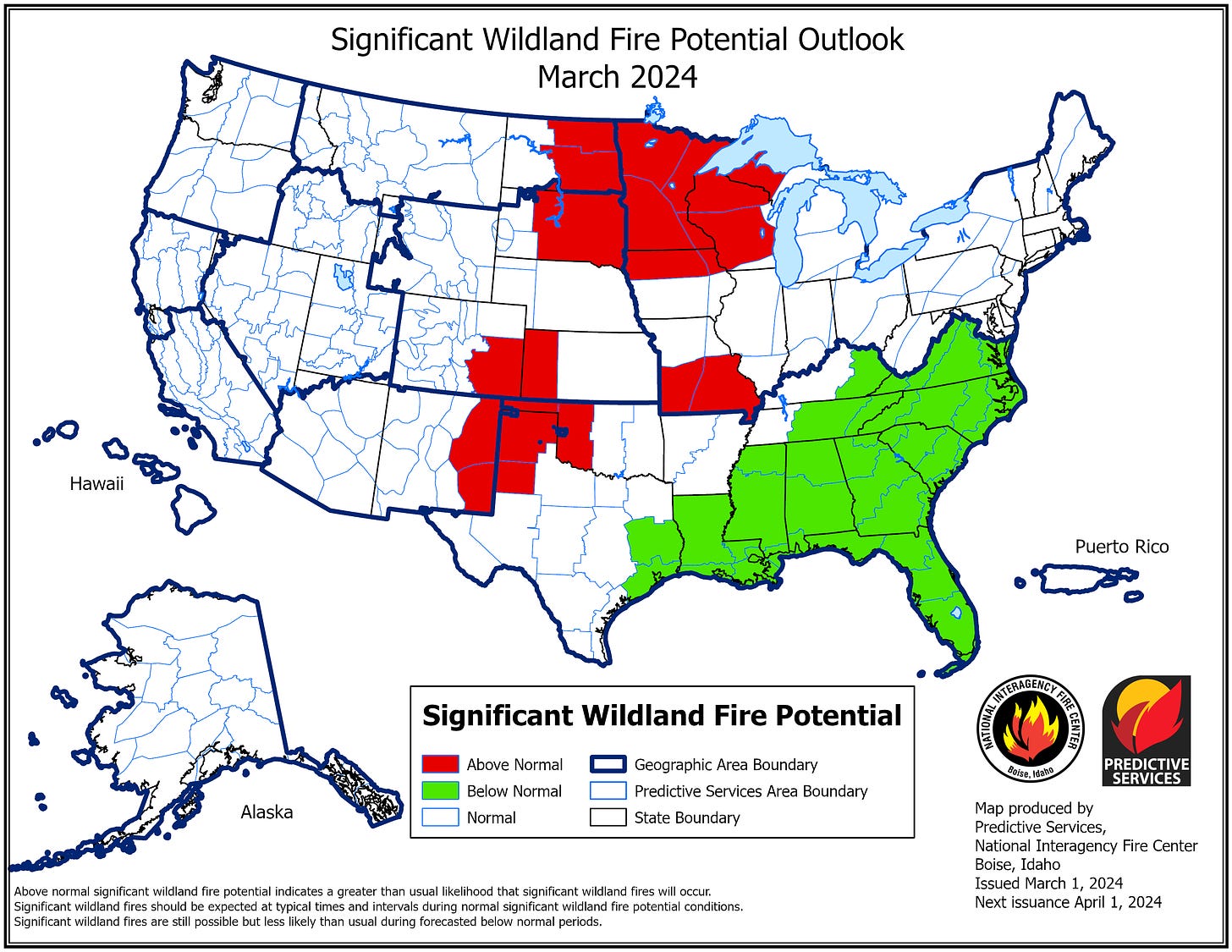Map showing the significant fire potential for March.
