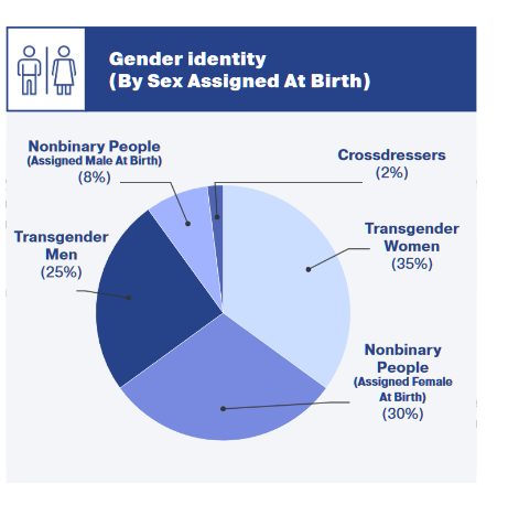 A pie graph titled "Gender Identity (by sex assigned at birth). It shows that trans women are 35% of respondents, AFAB enbies are 30%, trans men are 25%, and AMAB enbies are 8%.