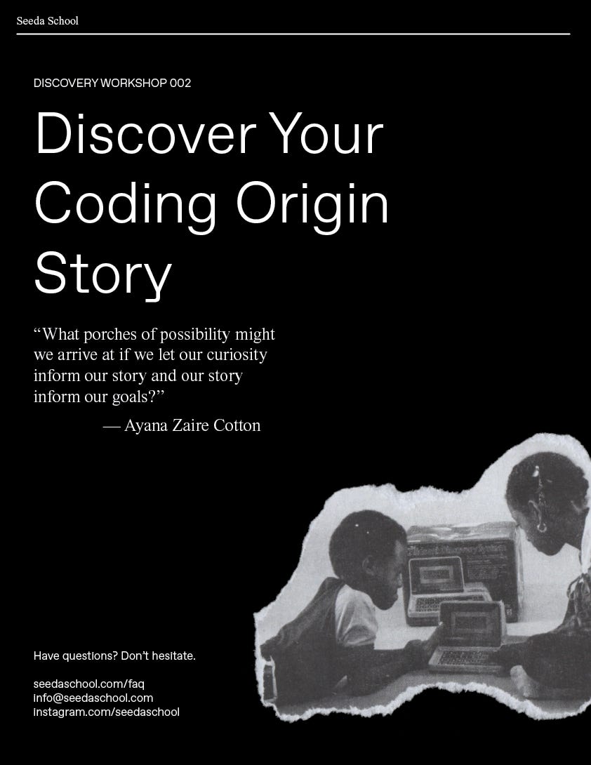 Worksheet cover with black background and white title text reading, "Discover Your Coding Origin Story" with black and white photo of two black kids playing at a computer in the bottom right corner.