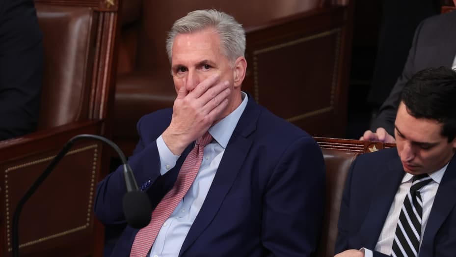 U.S. House Minority Leader Kevin McCarthy (R-CA) reacts as Representatives cast their votes for Speaker of the House on the first day of the 118th Congress in the House Chamber of the U.S. Capitol Building on January 03, 2023 in Washington, DC.