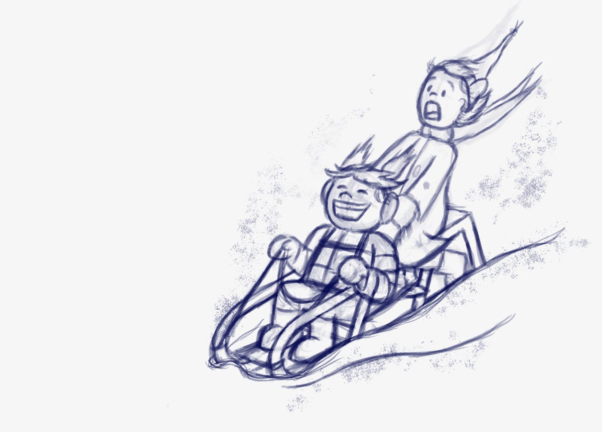 Digital sketch of two girls sledding down a steep hill in an adaptive sled. The girl riding in the front is grinning widely with delight. She's strapped in with a harness and her pigtails are streaking behind her. She wears a pair of earmuffs and a puffy jacket. Her friend riding behind her is freaking out with her long toque and scarf flying behind her.