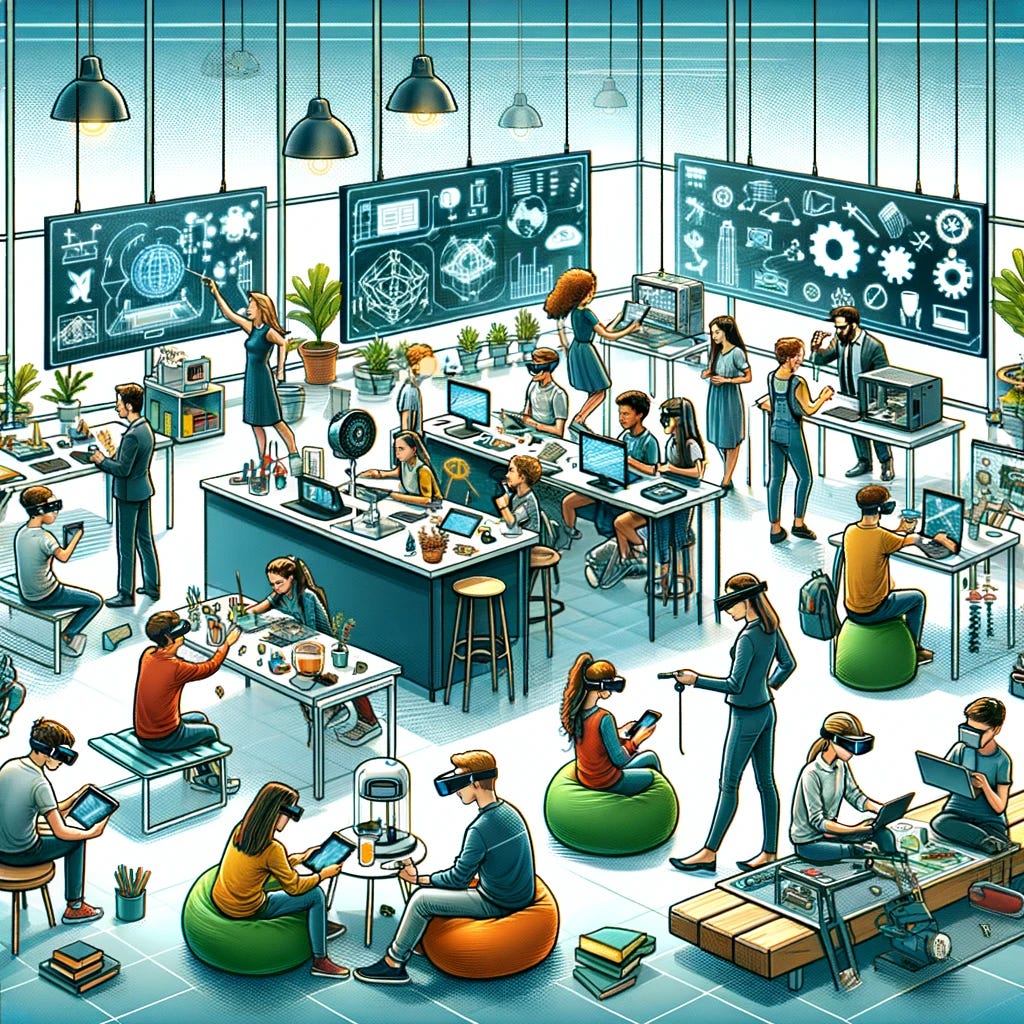 An illustration of disruptive innovation in education. The scene shows a modern classroom where students are engaged in various creative and high-tech activities: some using augmented reality glasses, others working on 3D printers, and a group collaborating on interactive whiteboards. The teacher is acting as a guide, moving around and assisting students. The classroom has flexible seating arrangements, with some students sitting on bean bags and others standing at adjustable desks. The background features large windows with a view of an outdoor learning space where some students are engaged in a science experiment. The atmosphere is energetic and collaborative.