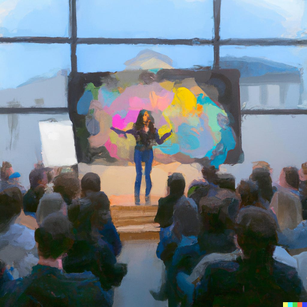 oil painting of a female presenter before a crowd