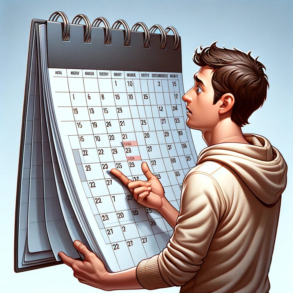 Create an image of a person looking at their calendar, which is completely empty. The person should be holding or standing next to a large calendar, with a surprised or contemplative expression on their face. The calendar pages should be clearly visible, showing no appointments, events, or notes - just blank dates. The setting could be an office or home environment, with the person dressed in casual or business attire. This image should convey the concept of an unexpectedly empty schedule or a sudden pause in a usually busy life.