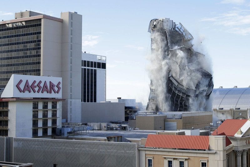 The Trump Plaza Hotel and Casino implodes to the ground during its demolition Tuesday in Atlantic City, N.J. The property closed in 2014 after years of bankruptcies and financial hardships for all establishments along the city's iconic Boardwalk. Photo by John Angelillo/UPI