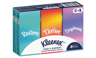 Colourful packets of tissues made by Kleenex