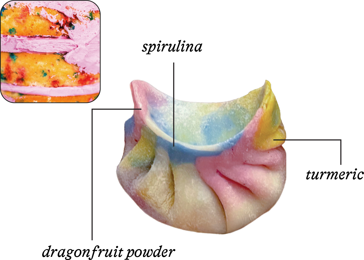 Photo of funfetti cake and a dumpling in the same color palette