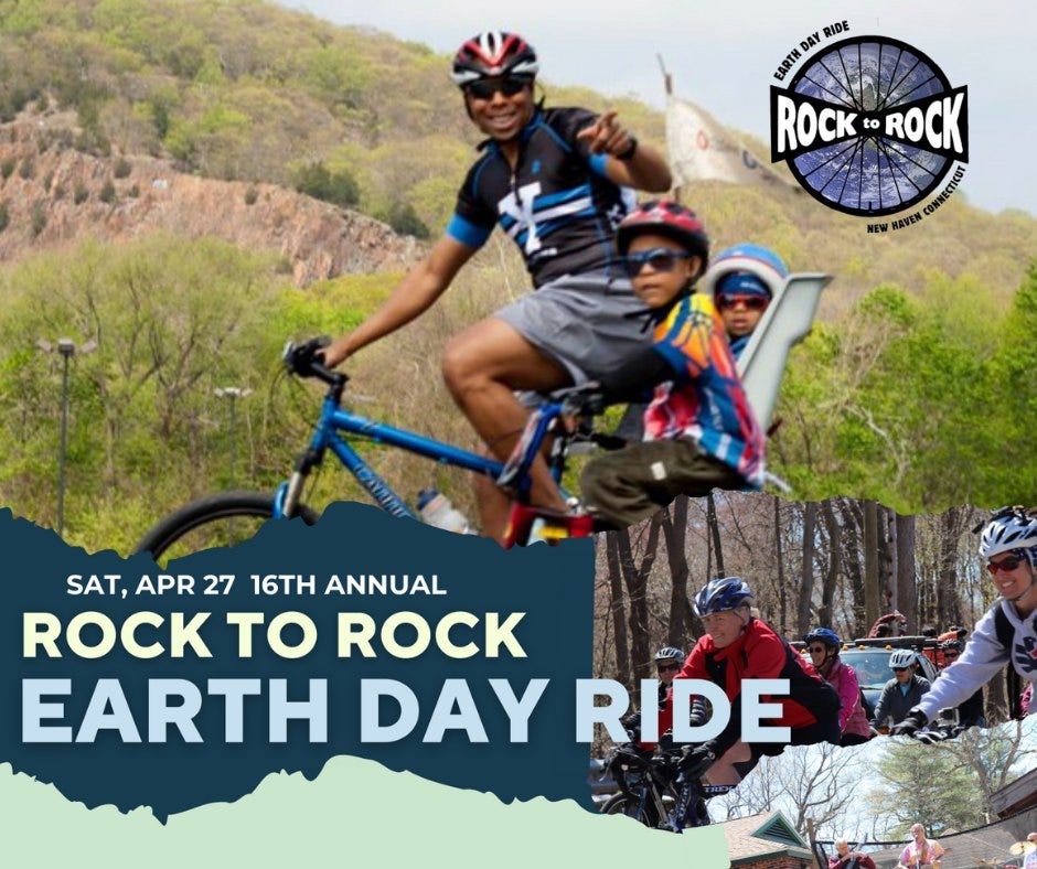 May be an image of 5 people, bicycle and text that says 'DAY RIDE EARTN ROCK ROCK ROCK-ROCK RO to to RO CONNECTICET CONN NEW E SAT, APR 27 16TH ANNUAL ROCK to ROCK EARTH DAY RIDE'