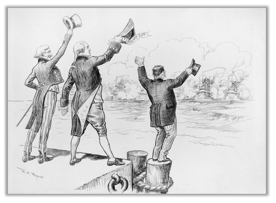 Cartoon depicting the Great White Fleet returning home, by William Allen Rogers