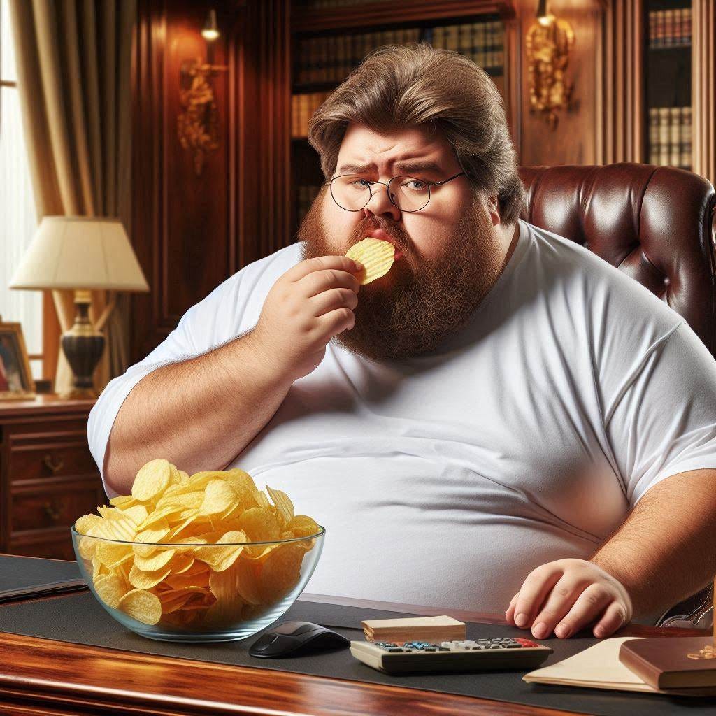 An overweight slob wearing a dirty white t-shirt is eating potato chips while seated at an expensive oak desk in a lavish executive office. photorealistic.