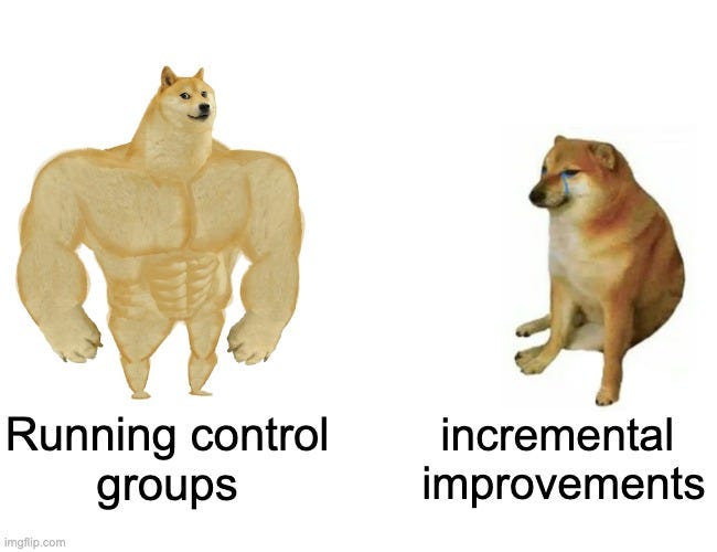 Buff Doge vs. Cheems Meme | Running control
groups; incremental 
improvements | image tagged in memes,buff doge vs cheems | made w/ Imgflip meme maker