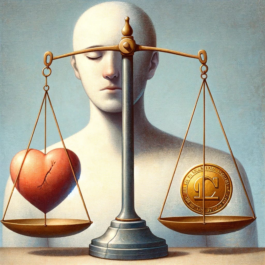 A symbolic illustration highlighting the concept of conditional loyalty in relationships. The image depicts a person holding a balance scale, with one side showing a heart symbolizing genuine affection, and the other side showing a gold coin representing material or utilitarian benefits. This visual metaphor captures the balance between authentic emotional connections and relationships based on utility. The person's thoughtful expression indicates the contemplation of the true nature of loyalty, emphasizing the importance of discerning genuine loyalty from conditional loyalty. The background is subtle and nondescript, focusing attention on the central figure and the balance scale, underscoring the theme of evaluating the motivations behind loyalty in human connections.