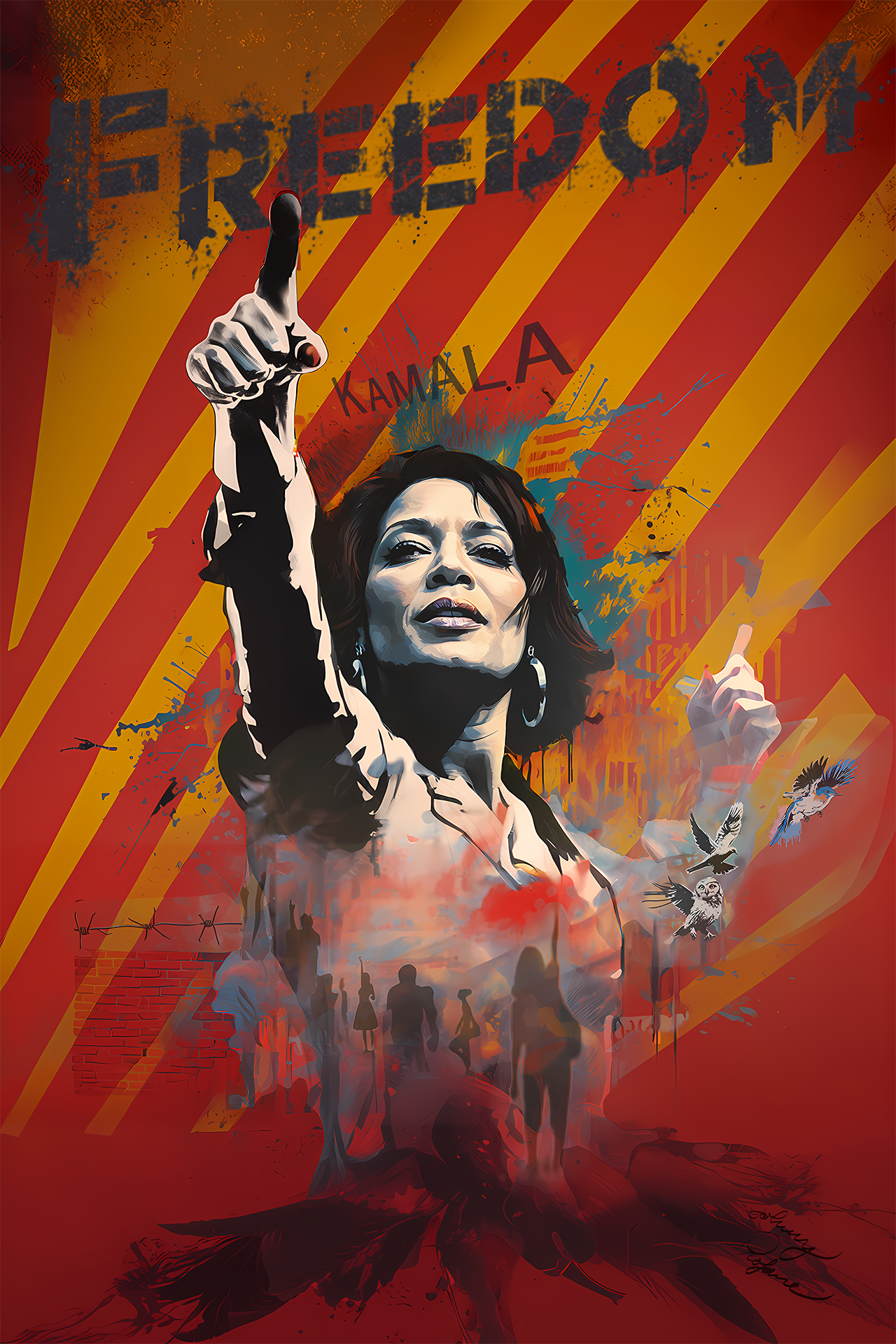 Poster design. Text reads "Freedom" & "Kamala." Kamala Harris, in a neo-expressive painting style, points heroically toward the word freedom. Small shadowy details include a meeting crowd, a brick wall & barbed wire, and a small group of birds flying up to the right.