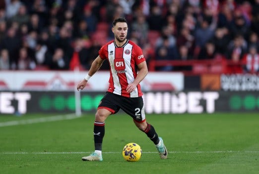 George Baldock of Sheffield United during the Premier League match between Sheffield United and AFC Bournemouth at Bramall Lane on November 25, 2023 in Sheffield, England. (Photo by Catherine Ivill/Getty Images)